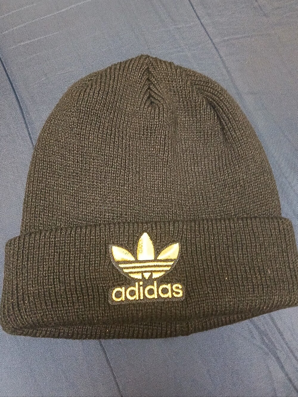 Adidas Black Ribbed Beanie with Gold Trefoil Logo Patch